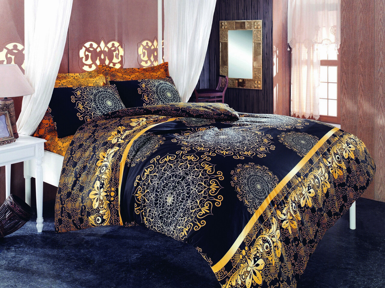Lenjerie de pat dubla King (EU) (ES), 3 piese, L'essentiel Maison, Osmanlı, Black / Yellow / Beige / Brown - imagine 3